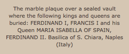 The marble plaque over a sealed vault where the following kings and queens are buried: FERDINAND I, FRANCIS I and his Queen MARIA ISABELLA OF SPAIN, FERDINAND II. Basilica of S. Chiara, Naples (Italy)